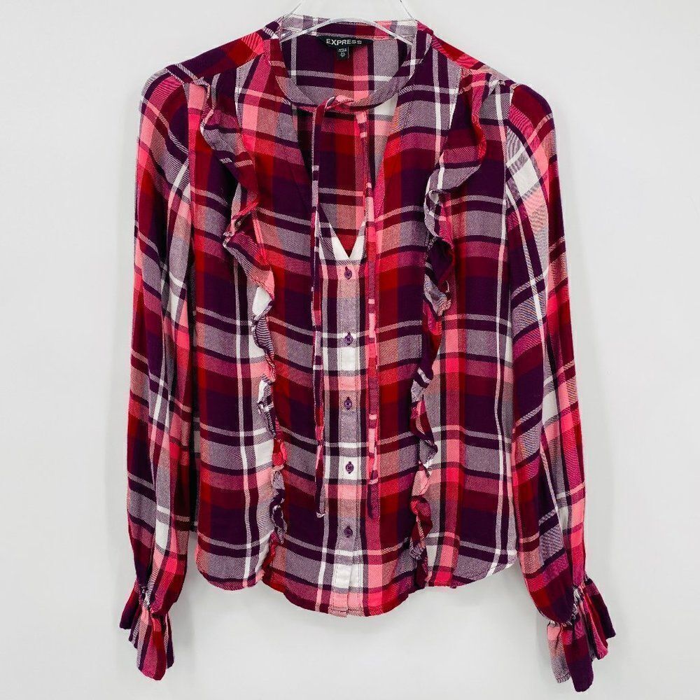 Express Size XS Pink & Red Plaid Button Down Ruffle Detail Long Sleeve Top